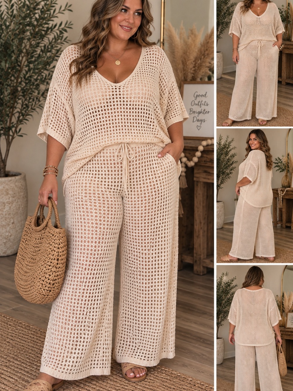 Neutral Open-Knit V-Neck Swim Coverup Set - Cream